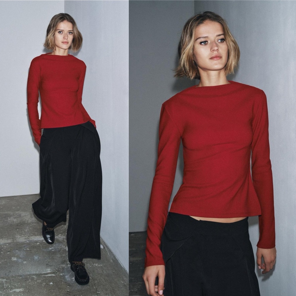 Zara Crepe T-shirt in Red Long Sleeve Boat Neck Top NWT size Medium 3641/714